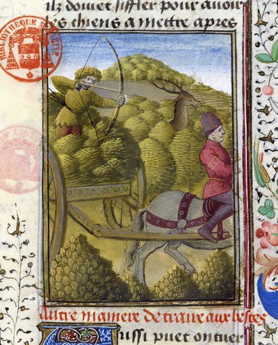Caça ao veado com arco e engate - no "Livro de Caça de Gaston Phoebus, Conde de Foix, Senhor de Béarn". de French School