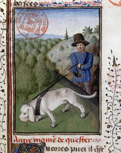 Cão de caça segurado numa trela de fogo - no "Livro de Caça de Gaston Phoebus, Conde de Foix, Senhor de Béarn". de French School