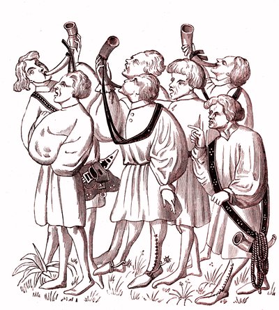 Tocadores de corneta de caça (séc. XV) - Simile College de uma miniatura do manuscrito de Gaston Phebus (1331-1391) de French School