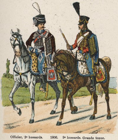 Hussardos 1ª Vendemiary An XII (24 de Setembro de 1803): Oficial, 2º hussardos e 9º hussardos em grande vestido em 1806. Prato do livro Les Uniforms de l