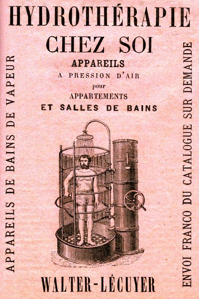 Hidroterapia em casa: aparelhos de pressão de ar para apartamentos e banheiros - chuveiro - higiene - limpeza - conforto moderno - água - publicite de French School