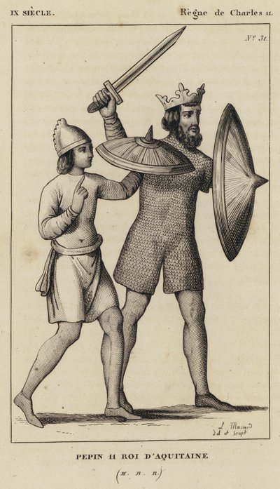Século IX, Reino de Carlos II, Pepino II, Rei da Aquitânia (gravura) de French School