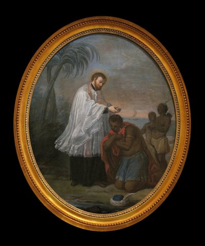 Eu baptizo um índio. O personagem que recebe o batismo não parece ser um ameríndio, ao contrário dos dois personagens do fundo. Esta pintura poderia ser uma alegoria da missão evangelizadora jesuíta em todos os continentes. No entanto, permite-nos evocar a de French School