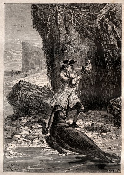 Enfiei-lhe a minha espada no peito: Woodes Rogers (1679-1732) atacado por um cão marinho (foca) numa das ilhas Galápagos no Oceano Pacífico em 1709 - ilustração tirada de "Os Grandes Marinheiros do século XVIII". de French School