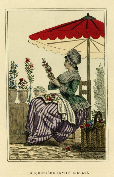 Traje do Ibex do século XVIII. Gravura a cores, em "France et les francais a travers les centuries" de Augustin Challamel, editor F.Roy, Paris 1882. Coleção Selva. de French School