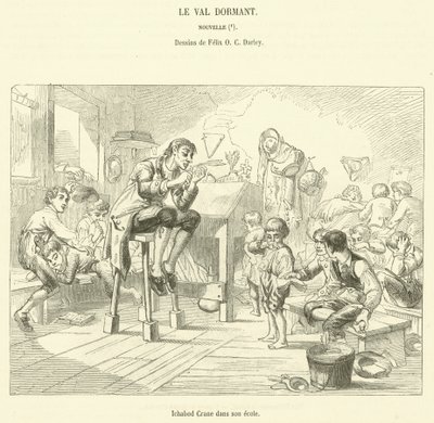 Ichabod Crane dans son ecole (gravura) de French School
