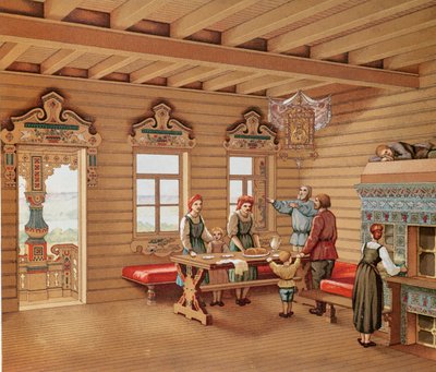 Interior idealizado de uma izba russa, c.1880 (gravura colorida) de French School