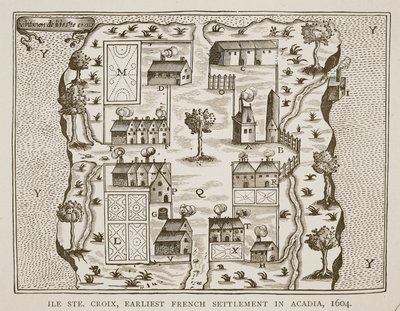 Ile Ste. Croix, o mais antigo assentamento francês em Acadia, 1604, de Voyages por Samuel de Champlain (c.1580-1635), 1613 de French School