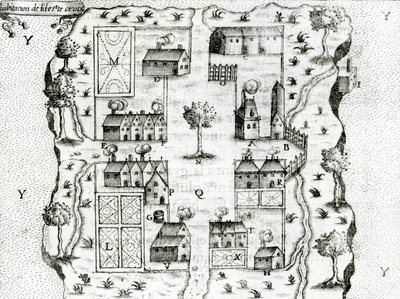 Ile Ste. Croix, o mais antigo assentamento francês em Acadia, 1604, de Voyages por Samuel de Champlain (c.1580-1635), 1613 de French School