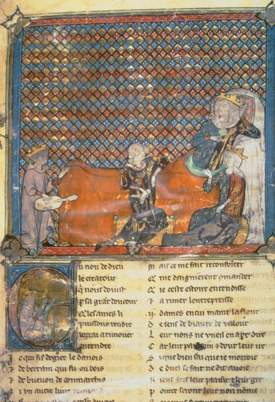 Página iluminada de uma antologia, mostrando da esquerda para a direita Adenet le Roi, um menestrel do duque Henrique; Conde Guy de Flandres; Marie, rainha da França e esposa de Philip the Bold (1342-1404); e Mada de French School