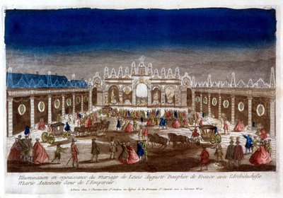 Iluminação em celebração do casamento de Luís Augusto, golfinho da França (Luís XVI), com a Arquiduquesa Maria Antonieta, irmã do Imperador - gravura de French School