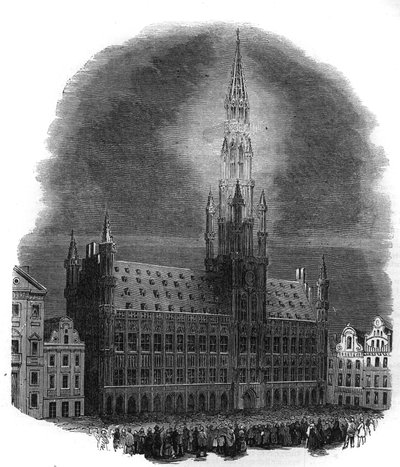 Iluminação da Câmara Municipal de Bruxelas em 26 de Setembro de 1864 por ocasião do aniversário dos combates que libertaram a Bélgica do domínio holandês. De um esboço de M.D.A. Gravura em "O Universo Ilustrado". de French School