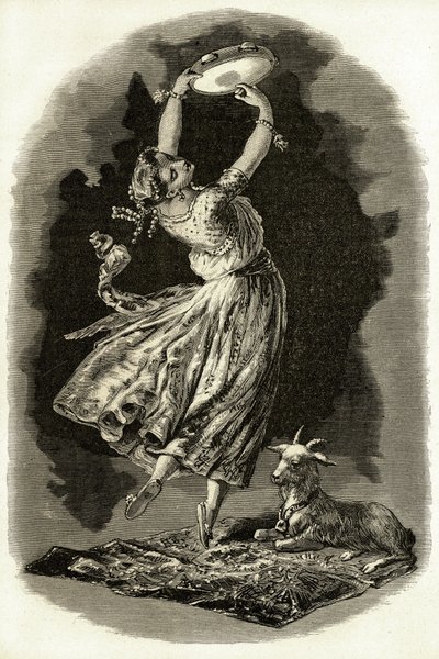 Ilustração para "Notre-Dame de Paris" de Victor Hugo: Esmeralda dança tocando tamborim ao lado de sua cabra, no início do século 20 (litho) de French School