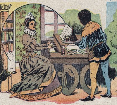 Ilustração para o conto "A Beleza e o Bete": estava rodeado de atenções. Gravação da imagem de Quinn, por volta de 1890. de French School