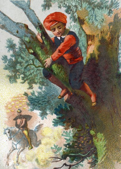 Ilustração para os Contos das Mil e Uma Noites. Ali-Baba (Ali Babá) vendo uma tropa de ladrões vindo de longe para a floresta se esconder em uma árvore. Cromolitografia por volta de 1890. de French School