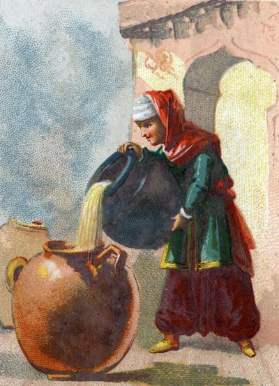 Ilustração para os Contos das Mil e Uma Noites. Morgiane, um escravo de Ali Babá (Ali Babá), percebendo que os vasos continham ladrões, tirou-lhes a vida ao derramar óleo fervente em cada vaso. Cromolitografia por volta de 1890. de French School