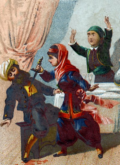 Ilustração para os Contos das Mil e Uma Noites. O capitão se disfarça novamente e retorna a Ali Babá (Ali Babá), mas Morgiane o reconhece e o apunhala durante uma dança. Cromolitografia por volta de 1890. de French School