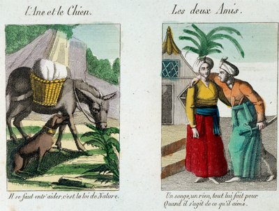 Ilustração para as fábulas de Jean de la Fontaine (1621-1695): esquerda "O burro e o cão" à direita "Les deux amis" Gravura do século XIX. Musee La Fontaine, Chateau Thierry de French School