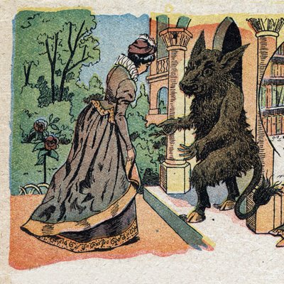 Ilustração para o conto "La Belle et la Bete": a bela chega ao castelo do Bete. Gravação das imagens de Quinn, por volta de 1890. de French School