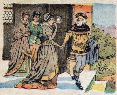 Ilustração do conto "La Belle et la Bete": o comerciante que partiu numa viagem despediu-se das suas três filhas e prometeu-lhes um presente no seu regresso. Gravação das imagens de Quinn, por volta de 1890. de French School