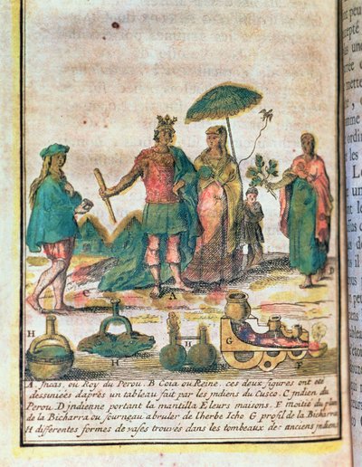 Ilustração de uma história do Peru mostrando um rei e uma rainha incas com atendentes indianos e um diagrama de uma bicharra de French School