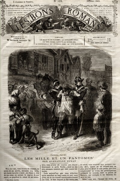 Ilustração do romance "The Thousand Un Fantomes" de Alexandre Dumas pere apareceu em "The Bons Romans" de 28/03/1865 de French School
