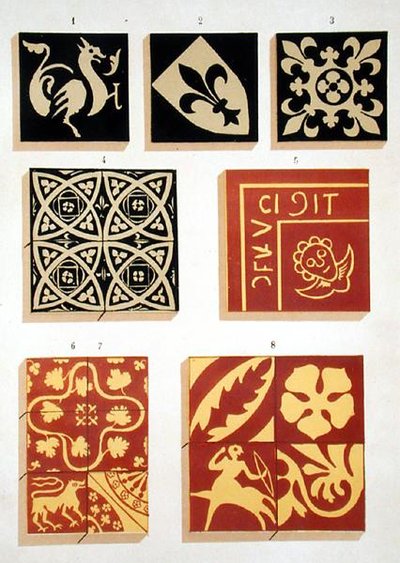 Ilustração de padrões de cerâmica do século XIII a partir de um livro de fontes de decoração (litho colorido) de French School