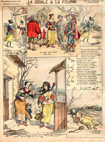 Ilustração das Fábulas de La Fontaine A Cigarra e a Formiga, gravura, c. 1890 de French School