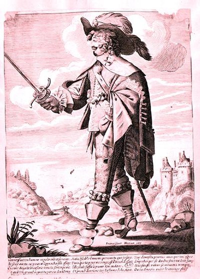 Ilustração de um Soldado sob o reinado de Luís XIII (1601-43) (gravura) (foto a p/b) de French School