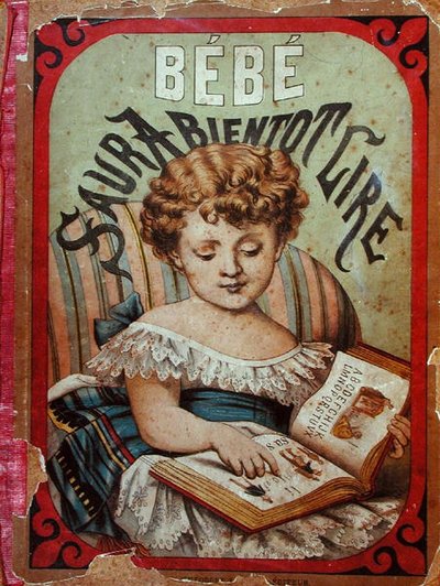 Ilustração de uma criança a aprender a ler (cor litho) de French School