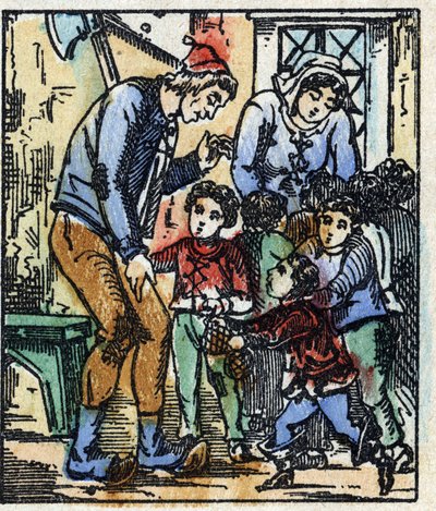 Ilustração do conto "Le petit poucet", de Charles Perrault. Gravura em madeira de Imaging Pellerin - Epinal, sd. Final do século XIX. de French School