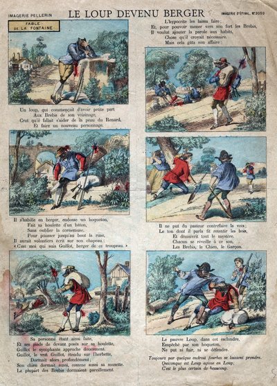 Ilustração da fábula de Jean de la Fontaine (1621-1695): o lobo tornou-se pastor. Imagem epinal do final do século XIX. de French School