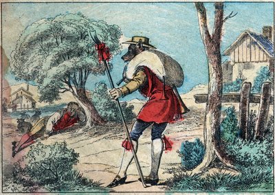Ilustração da fábula de Jean de la Fontaine (1621-1695): o lobo tornou-se pastor. Imagem epinal do final do século XIX. de French School