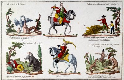 Placa de ilustração para as fábulas de Jean de La Fontaine (1621-1695): a Raposa e a Cegonha, o andarilho chinês, o urso e o amante do jardim, o oficial chinês. Gravura de French School