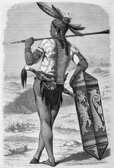 Ilustração publicada na edição do "Le Tour du monde" de 1870 - 1871 retratando um dayak (indígena) na ilha de Bornéu. Gravura. de French School