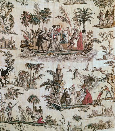 Ilustrações de incidentes do romance Paul e Virginia, Canvas of Nantes, c.1800 (algodão estampado) de French School