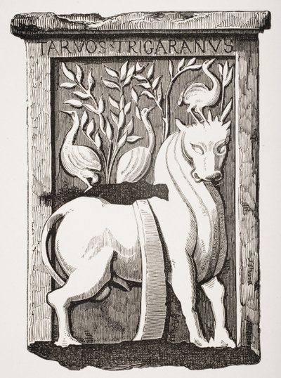 Imagem do monumento Holy Ox Celtic encontrado sob o coro da Catedral de Notre Dame em Paris em 1711, de Le Moyen Age et La Renaissance por Paul Lacroix (1806-84) publicado em 1847 de French School