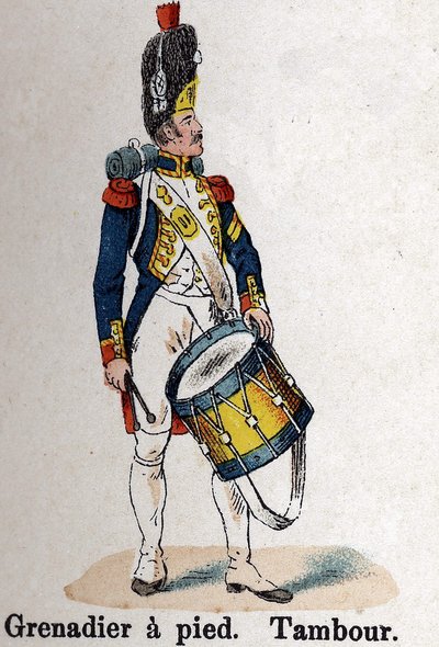 Guarda Imperial Napoleão I: Grenadier a pé - Tambor. Placa do livro Les Uniforms de l