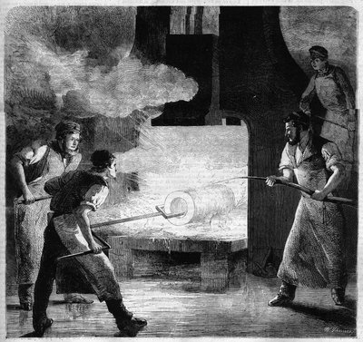 Fundição Imperiale de Douai, fabricação de um barril em haste de aço. gravura de French School