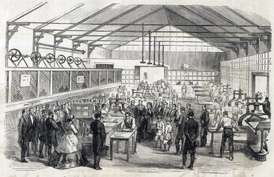 Impressionar Eugenie e o Príncipe Imperial visitam o Banque de France, 23 de Junho de 1866 - impressão de notas - gravação em Le MONDE Illustrous DU 07/07/1866 de French School