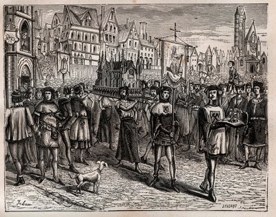 Em 1318, a eveque de Paris convocou o clero da cidade para a tradução das relíquias de Saint-Magloire - Uma procissão começou saindo da igreja de Saint-Magloire na Rua Saint-Denis e passou pela Rua aux Ours, para o cemitério de Saint-Nicolas-des-Cha de French School