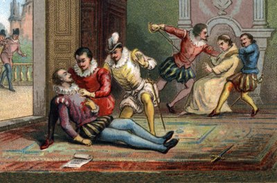 Em 1589, o monge Jacques Clement assassinou o rei Henrique III com uma facada, depois de o ter obrigado a ler uma carta. O rei morreu nos braços de Henrique de Navarra. Cromolitografia por volta de 1890. de French School