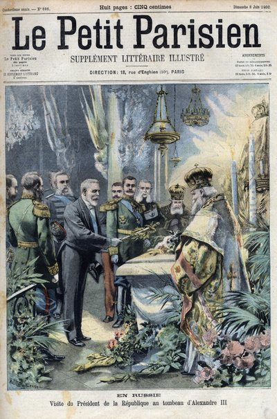 Na Rússia: visita do Presidente Emile Loubet (1838-1929) ao túmulo de Alexandre III (1845-1894), Imperador da Rússia, em "Le petit Parisien". de French School