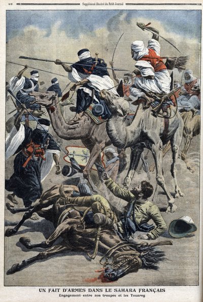 Em inglês Sahara: luta entre turaregues de areia das tropas francesas, ilustração do jornal "Le Petit Journal" 17 de março de French School