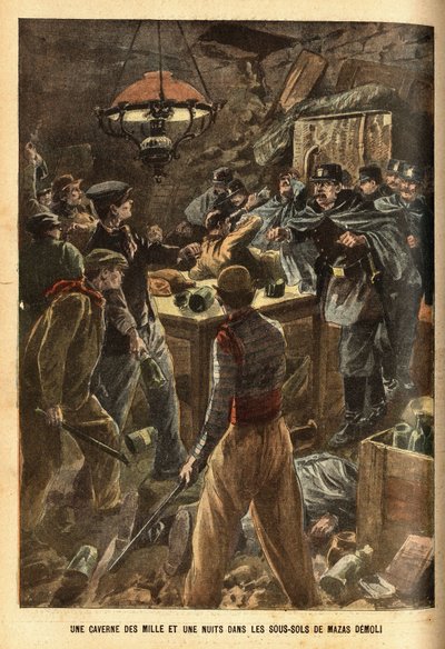 Em perseguição de dois ladrões, na avenida Daumesnil, em Paris, a polícia encontra o esconderijo de um bando de criminosos numa das caves da antiga prisão demolida de Mazas, onde guardam o seu saque e se escondem há vários meses. Gravura em "Le p de French School