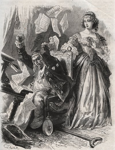 Na presa da fúria louca, ele fez voar penas, livros e papéis: raiva do poeta Paul Scarron (1610-1660) diante de sua esposa, Françoise d