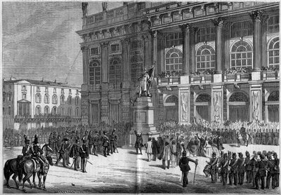 Inauguração do monumento sardo por Vincenzo Vela (1820-1891), na Praça do Castelo de Turim (Itália), em 10 de abril de 1859. Atrás da estátua está o "Palazzo Madama". Baseado nos esboços do Sr. Ferry. Gravura no "Le Monde Illustré" n°106 de 23 de Abril de  de French School