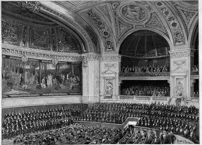 Inauguração da nova Sorbonne em 1889: o grande anfiteatro durante a cerimónia. de French School
