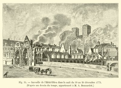 Incêndio do Hotel-Dieu na noite de 29 de dezembro a 30 de 1772, Dapres um desenho do tempo, pertencente a MA Bonnardot de French School