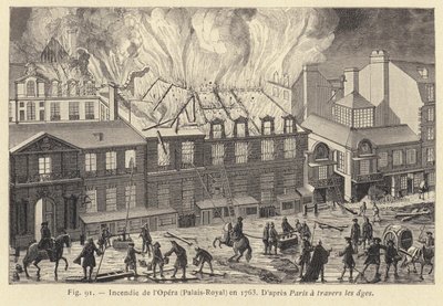 Incêndio na Ópera, Palais-Royal, em 1763 (gravura) de French School